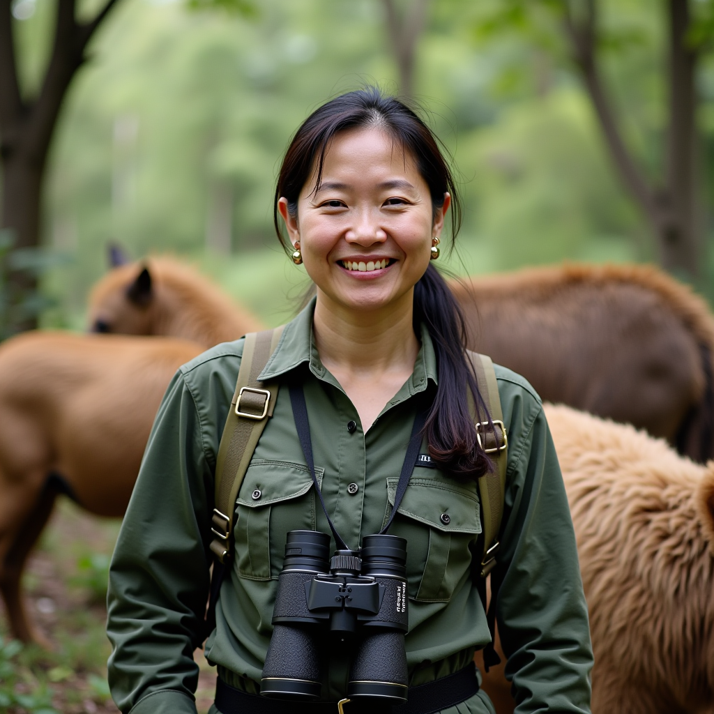 Portrait of Suzanne Chen, Executive Director, standing in a wildlife sanctuary with binoculars around her neck, wearing field gear, with rescued animals visible in the background