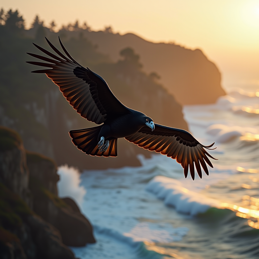 Majestic California condor in flight with wings fully extended, soaring over dramatic coastal cliffs with ocean waves crashing below, golden sunset lighting, showing the bird's impressive wingspan and distinctive white wing patches