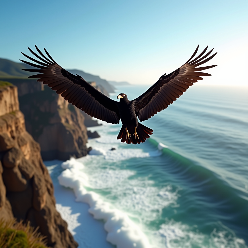 Majestic California condor in flight over dramatic coastal cliffs with ocean waves crashing below, wings fully extended showing distinctive white underwing patches, against a clear blue sky at sunset