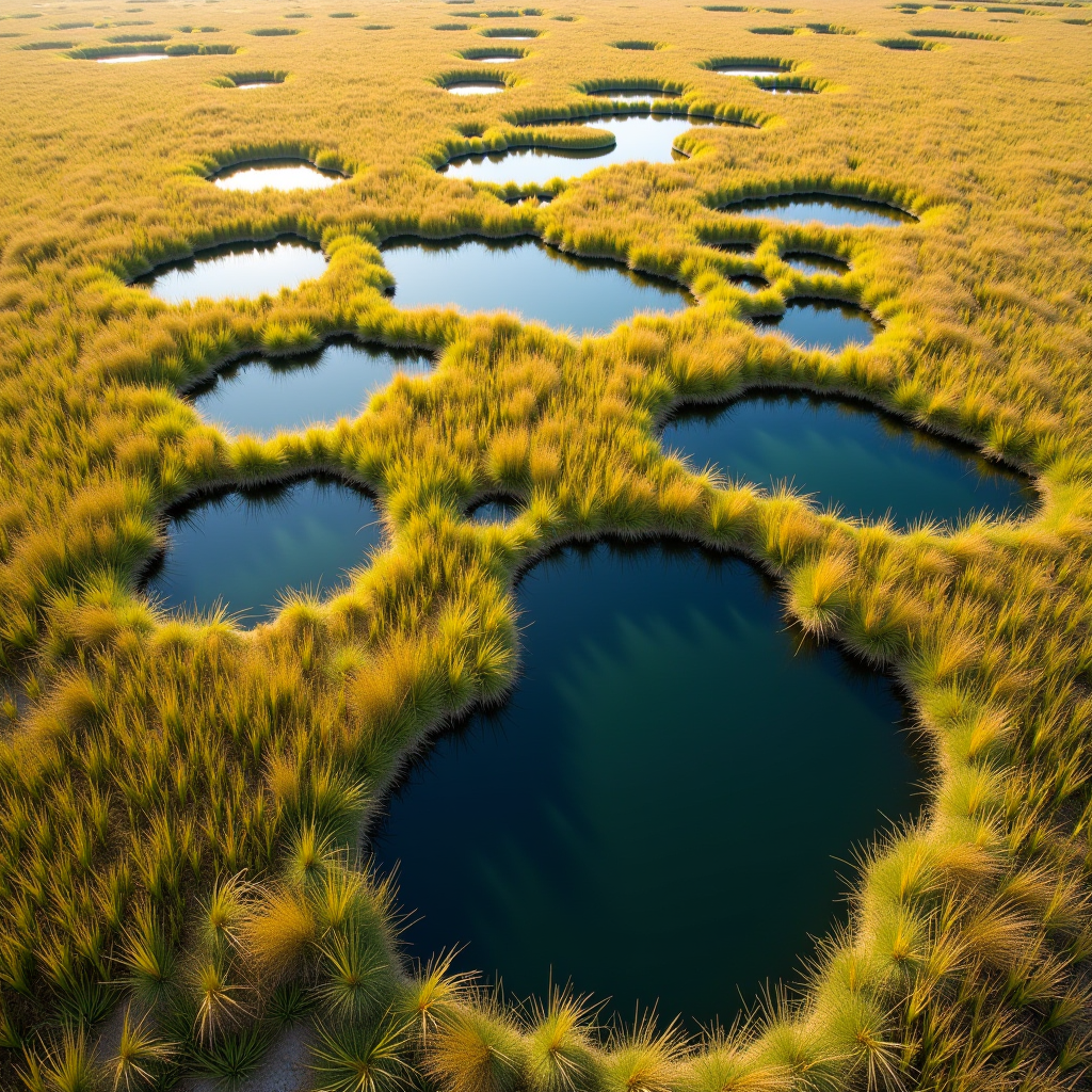 Aerial photograph showing multiple vernal pools scattered across golden grassland during spring, with pools appearing as dark blue-green circular depressions filled with water, surrounded by vibrant wildflowers and native grasses, demonstrating the seasonal wetland ecosystem at Rancho SMC conservation area