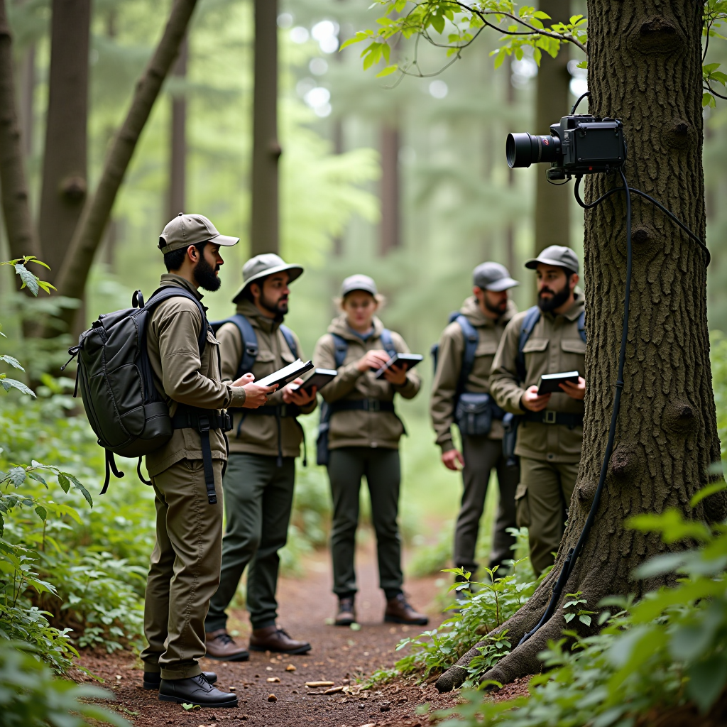 Group of diverse volunteers in outdoor gear conducting a wildlife field survey in a natural habitat, using clipboards and binoculars, with one person setting up a camera trap on a tree while others observe and take notes, surrounded by forest vegetation under natural daylight