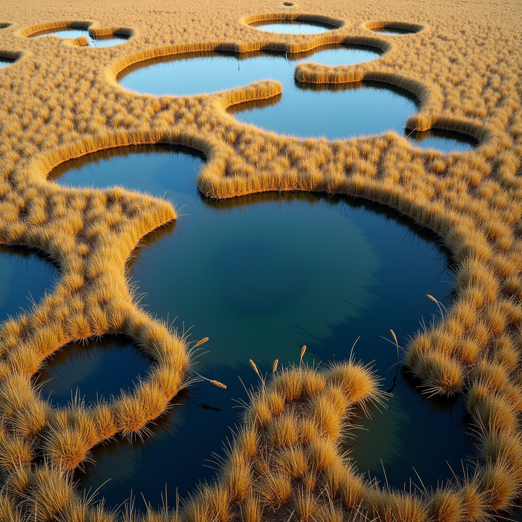 Aerial photograph of seasonal vernal pools scattered across grassland, showing circular and irregular shaped temporary wetlands filled with water, surrounded by golden dried grass, with some pools reflecting blue sky
