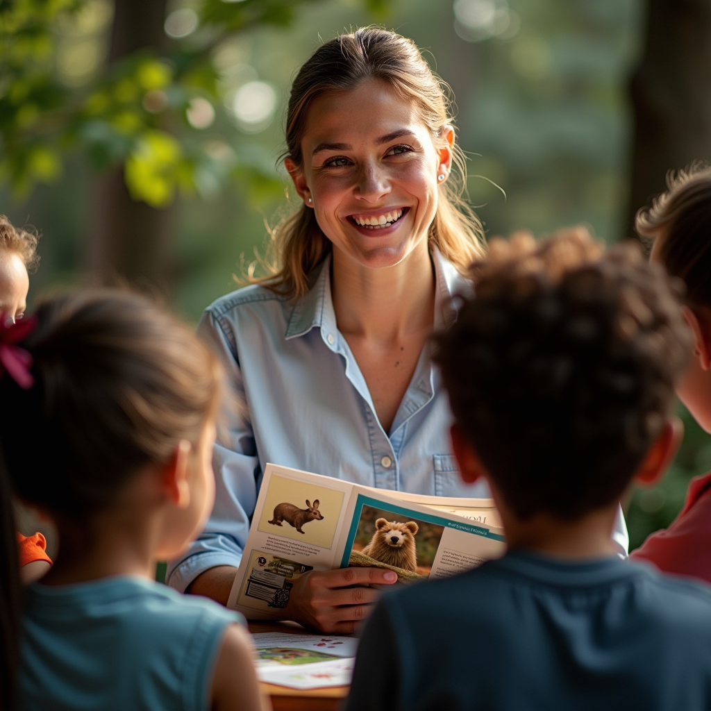 Portrait of Emily Johnson, Director of Education, teaching a group of children about wildlife conservation, holding educational materials about endangered species