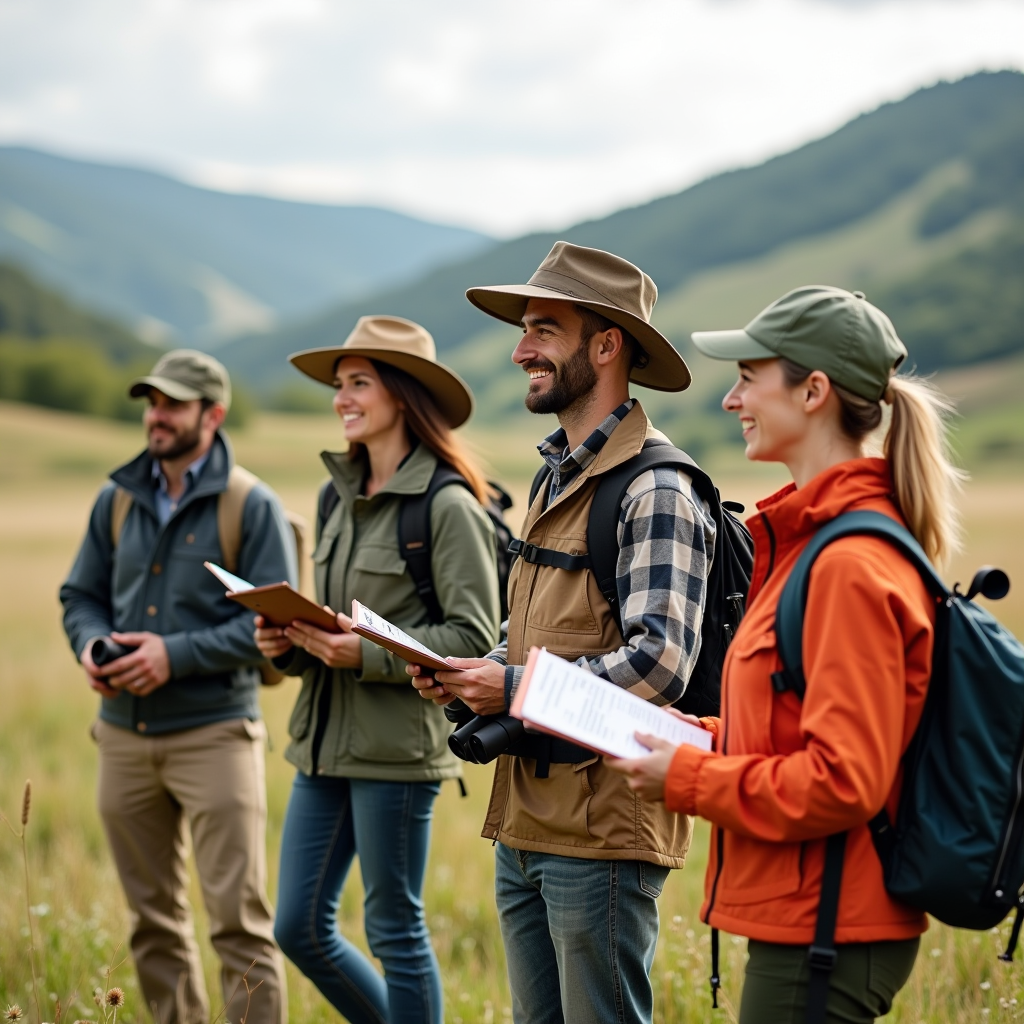 Group of diverse volunteers in outdoor gear conducting wildlife field survey, holding clipboards and binoculars, standing in natural grassland habitat with rolling hills in background, engaged and smiling